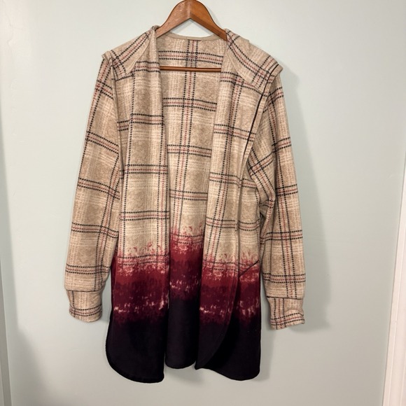 Cuddl Duds Sweaters - Cuddl Duds Ombre Fleece Hooded Wrap Cardigan Sweater Sz 1X Tan Pink Plaid